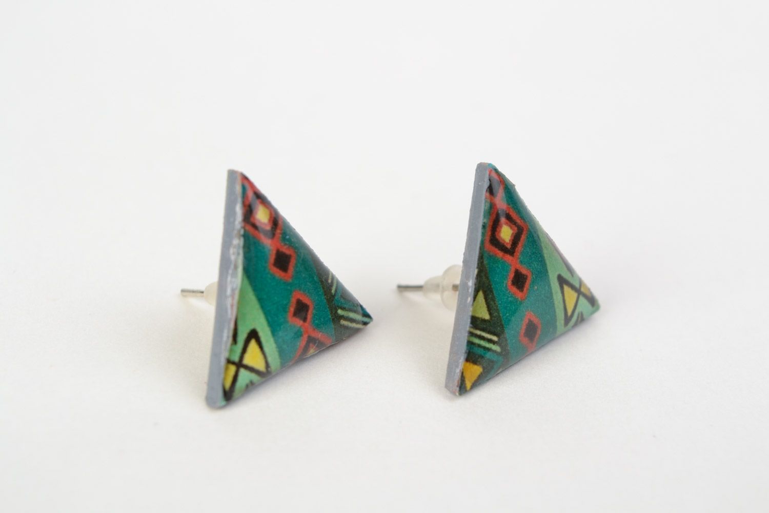 Handmade triangle stud earrings with ethnic print coated with jewelry glaze photo 1
