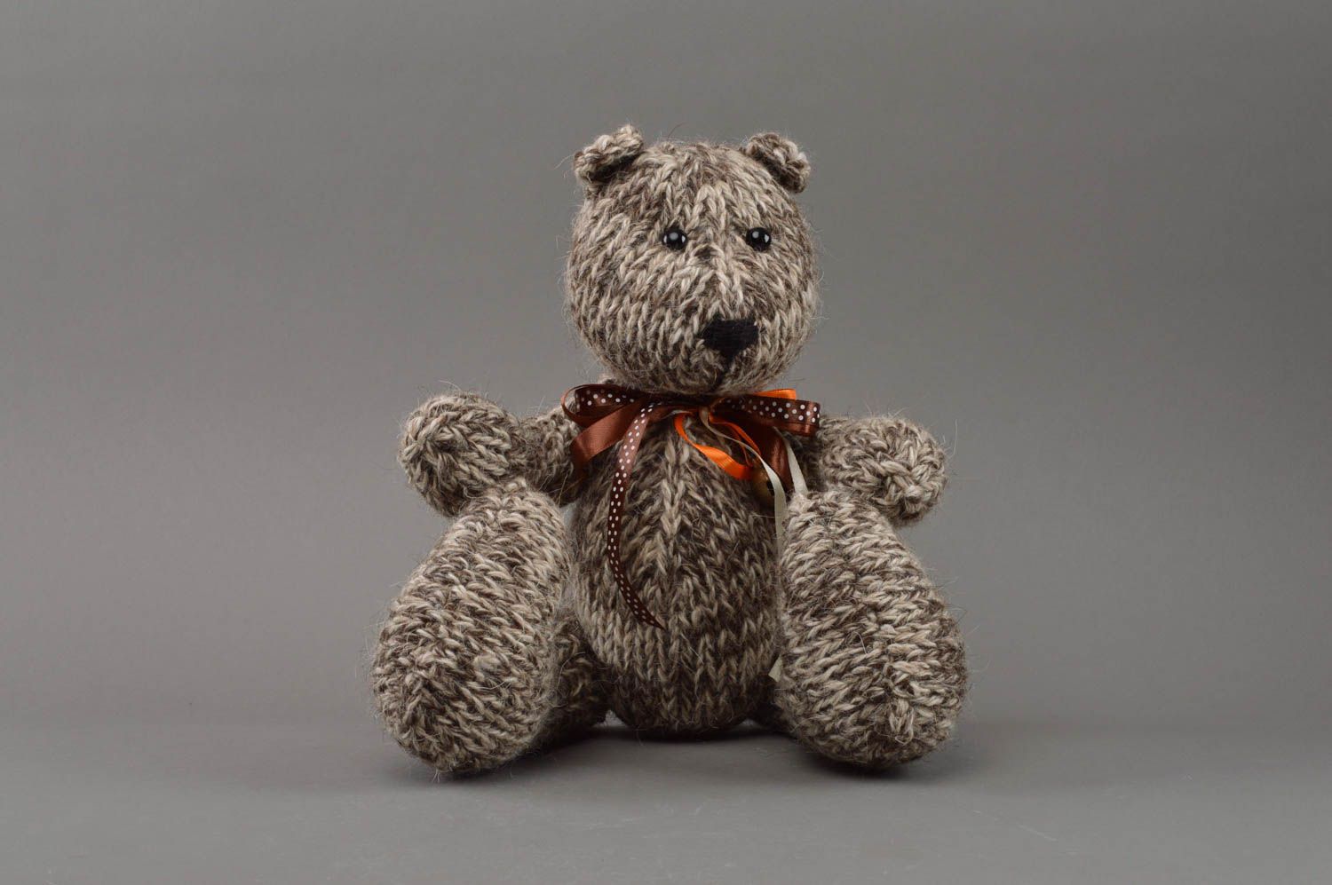 Beautiful small handmade crochet soft toy gray bear with bow on neck for kids photo 2