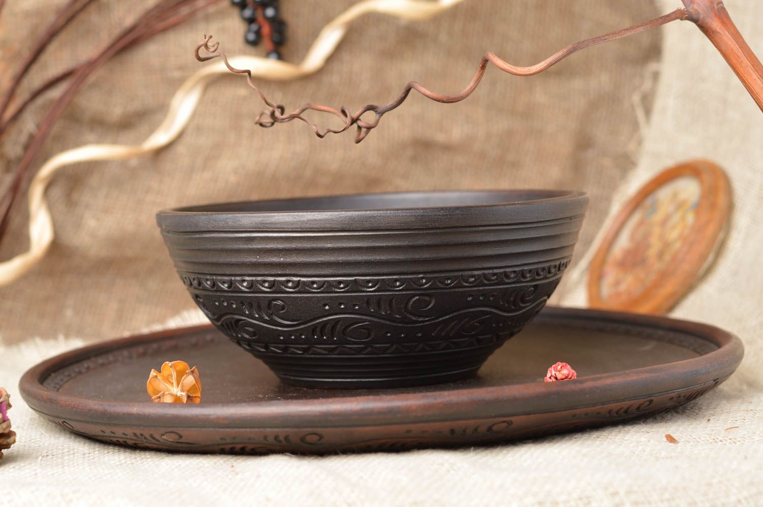 Handmade kitchenware set 2 pieces beautiful clay tray and bowl 300 ml photo 1