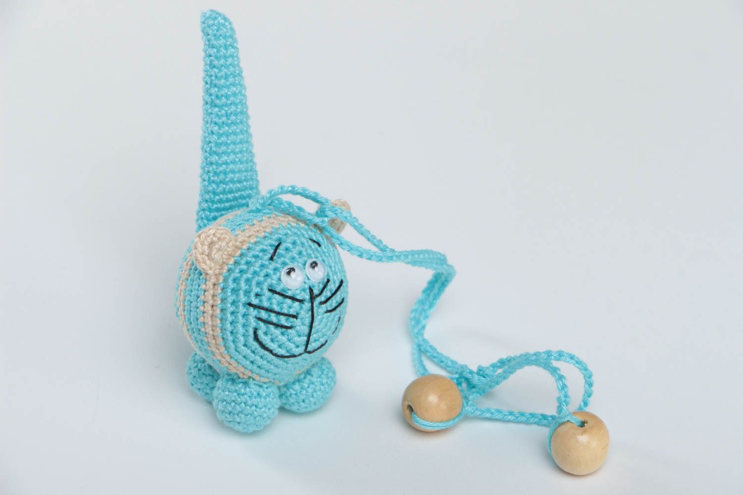 Crocheted cotton rattle small blue cat handmade toy for little children photo 2