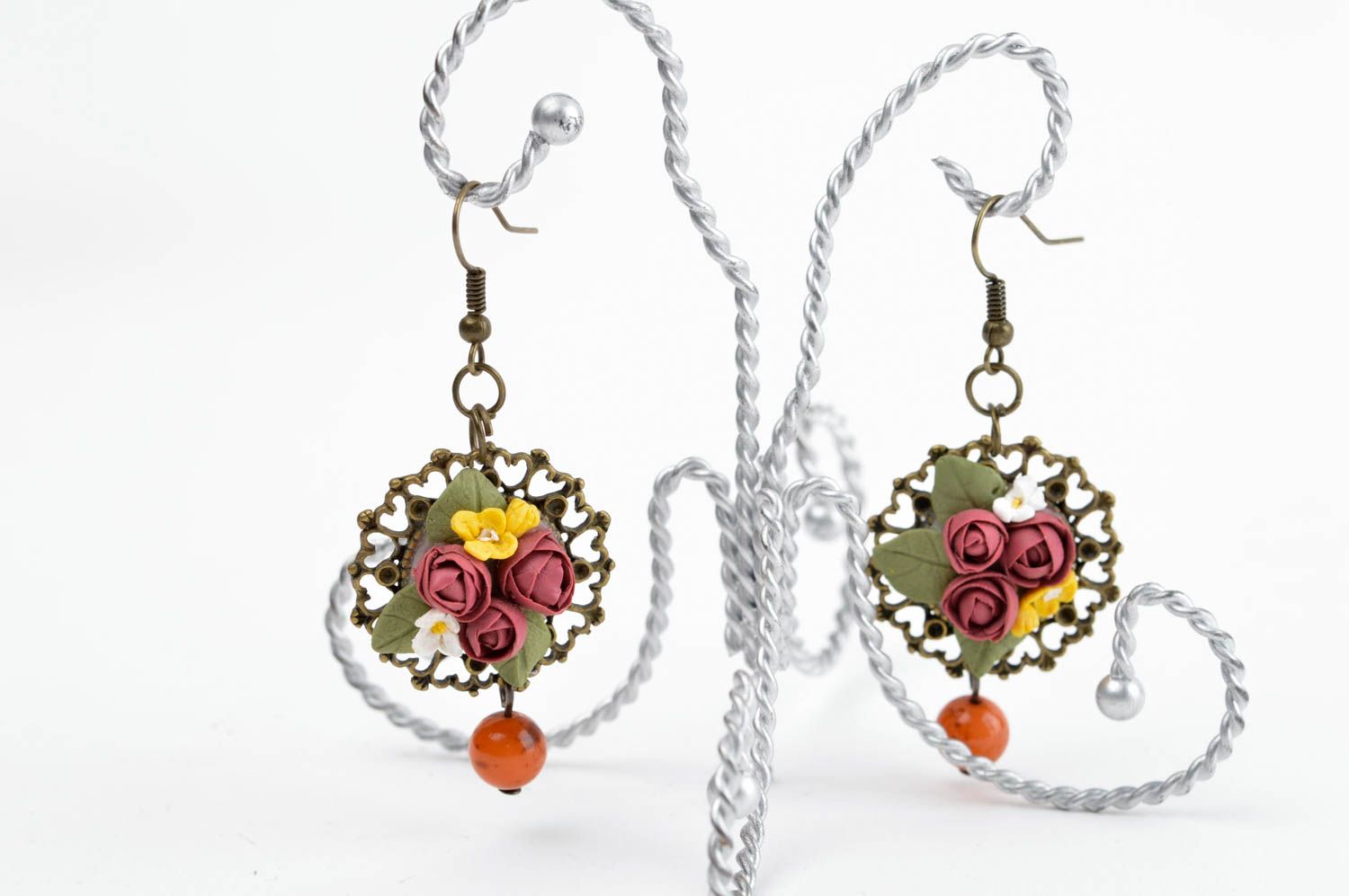 Handmade cute designer earrings unusual flower earrings polymer clay jewelry photo 1
