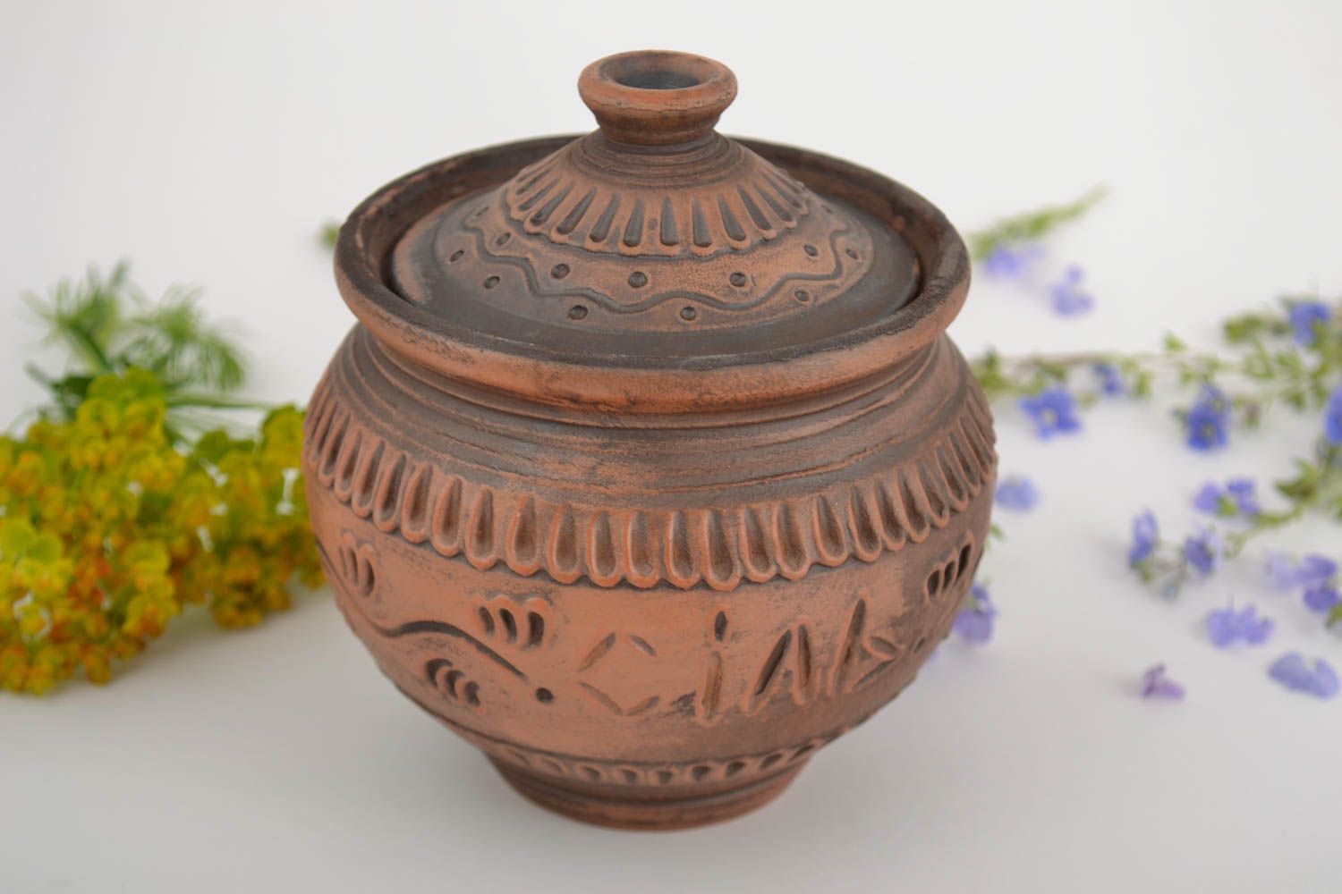 Small handmade designer clay ceramic salt pot with lid 200 ml photo 1
