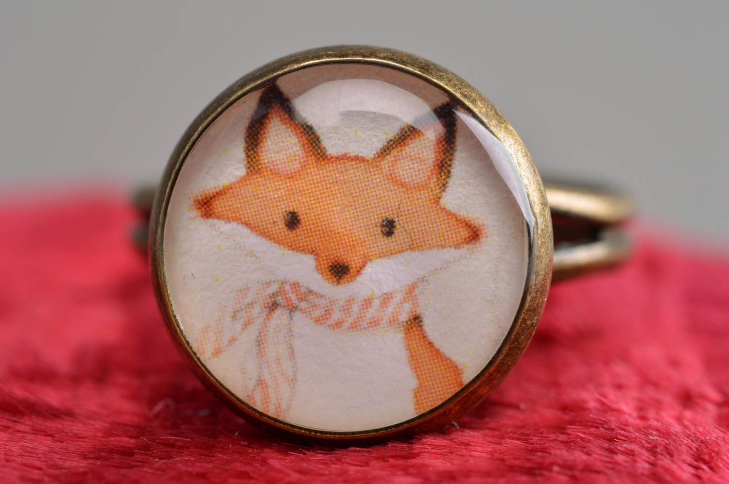 Handmade cute decoupage round jewelry ring on metal basis of adjustable size Fox photo 3