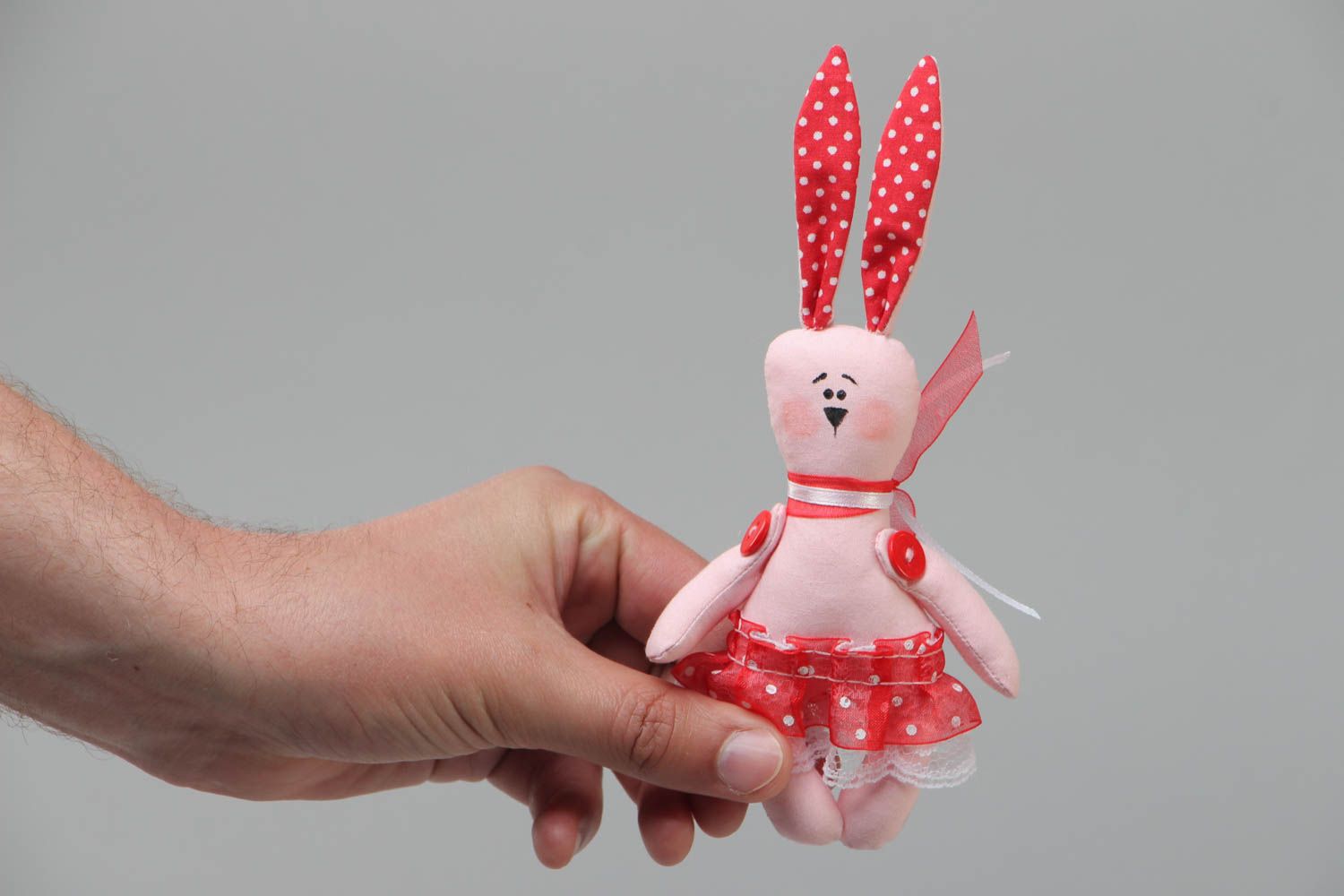 Handmade small cotton fabric soft toy pink rabbit in red skirt for children photo 5