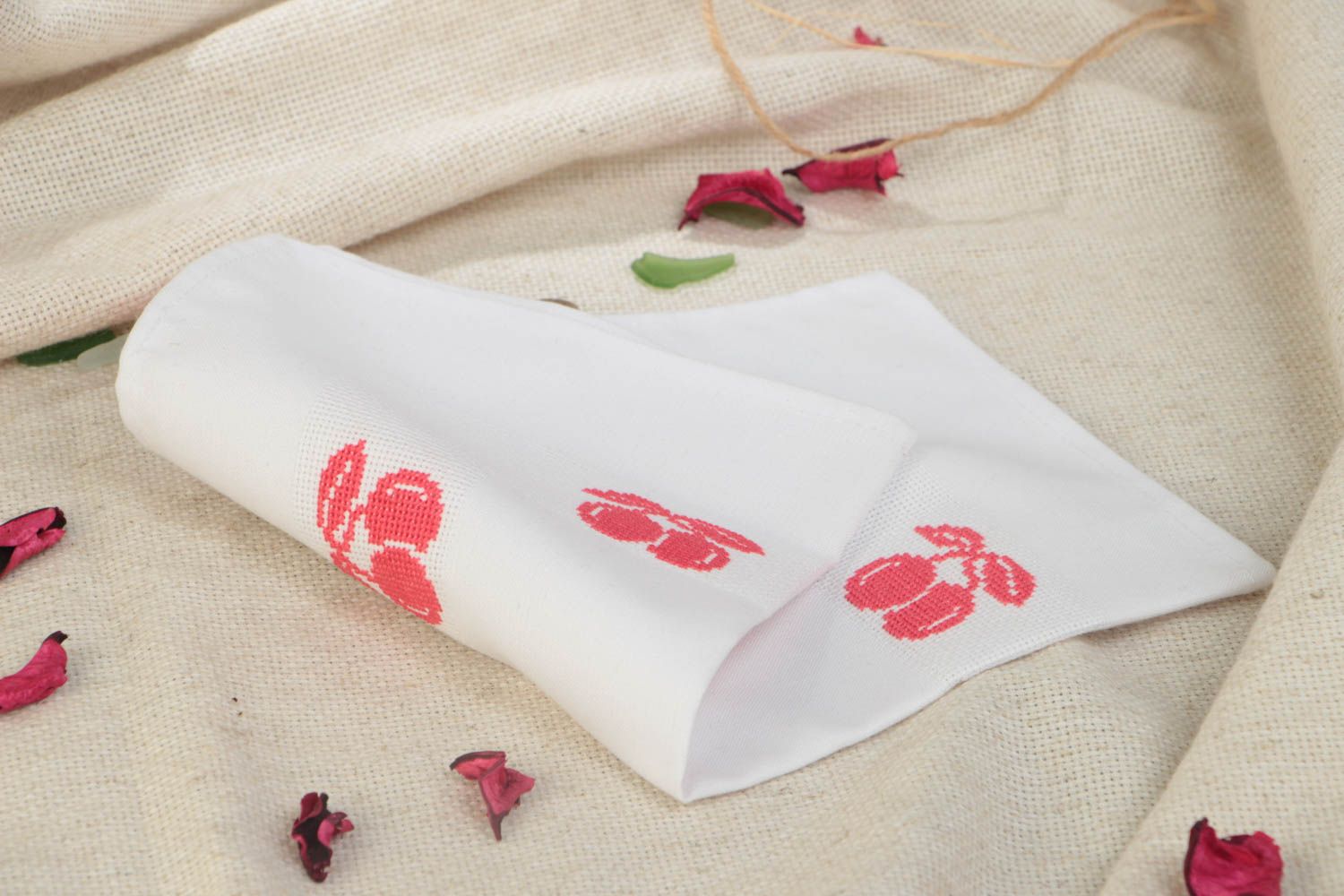 Handmade decorative white table napkin with cross stitch embroidery red cherries photo 1
