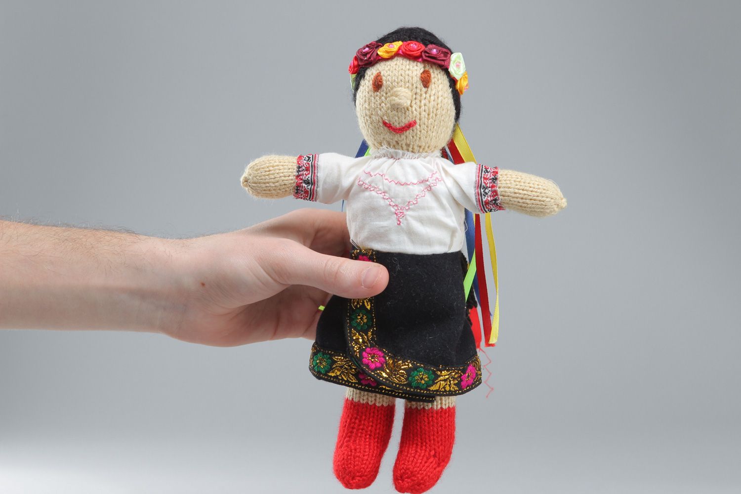 Handmade soft doll knitted of acrylic threads Ukrainian girl in national costume photo 4