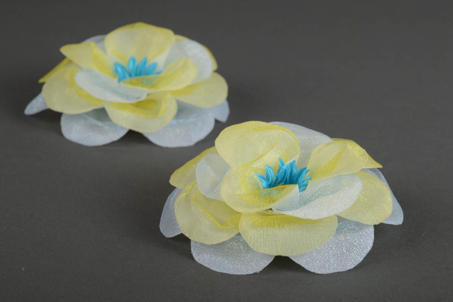Set of 2 handmade designer hair clips with small light organza flowers for girls photo 2