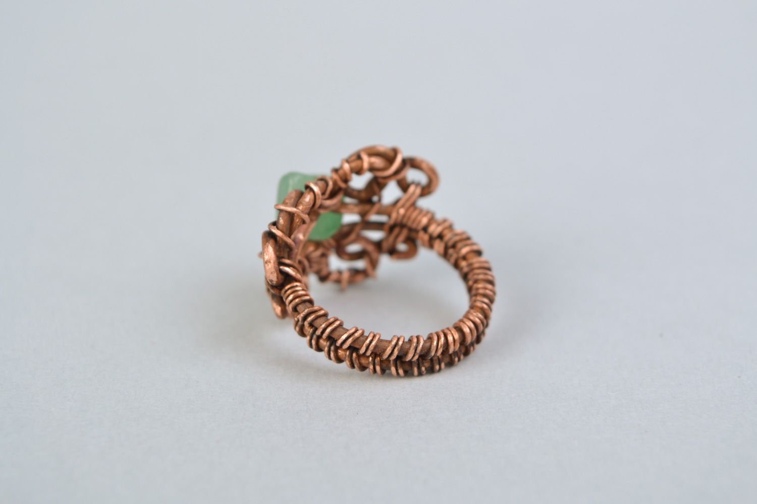 Handmade designer wire wrap copper ring with natural nephrite stone for women  photo 5