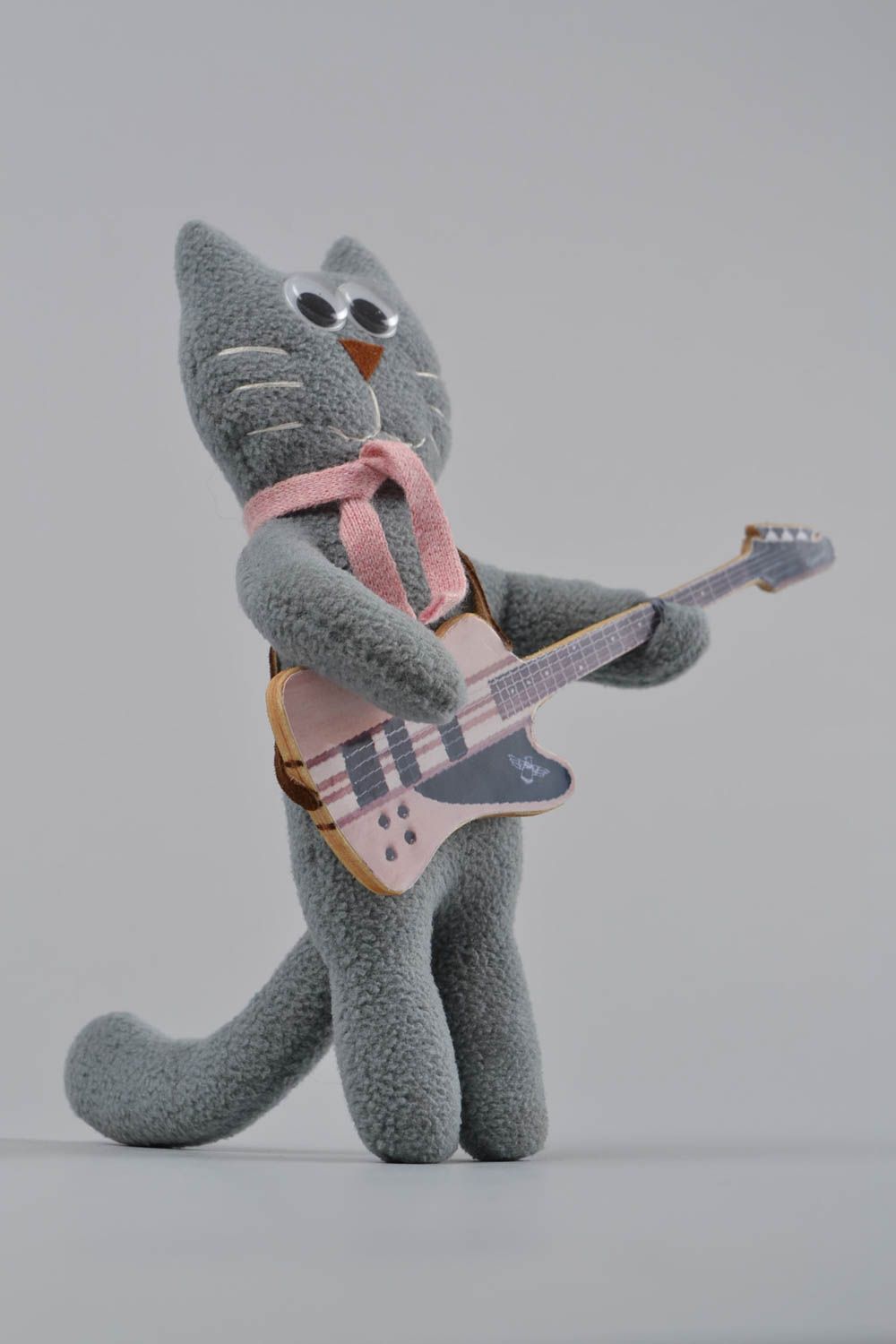 Handmade small designer soft toy sewn of gray fleece Cat with guitar for kids photo 3