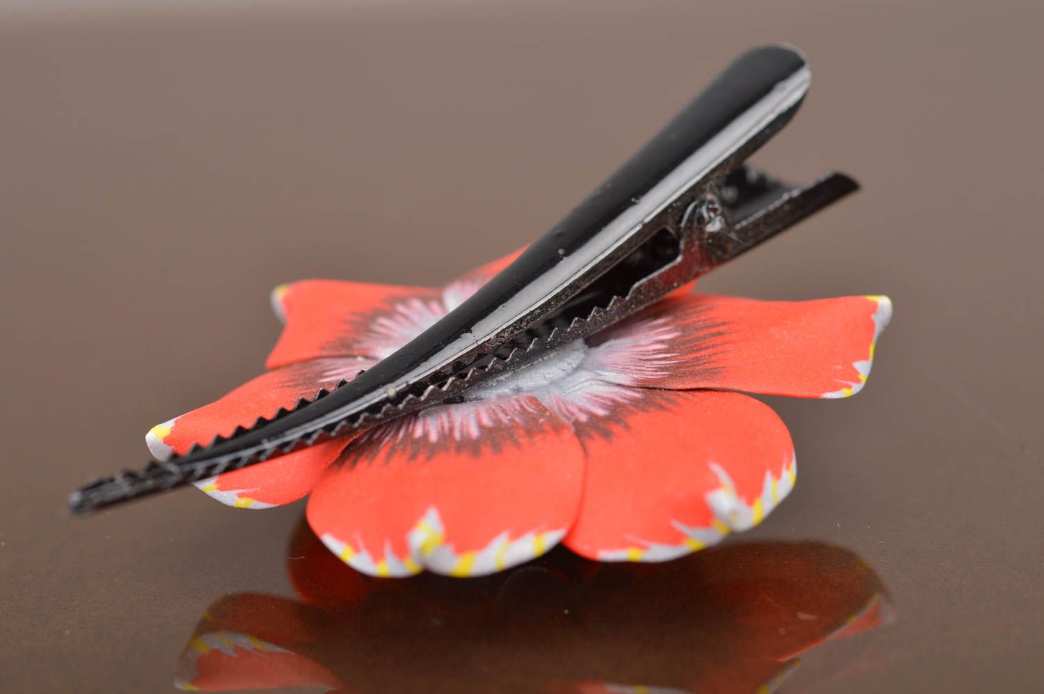 Handmade designer hair clip with metal basis and polymer clay flower narcissus photo 3