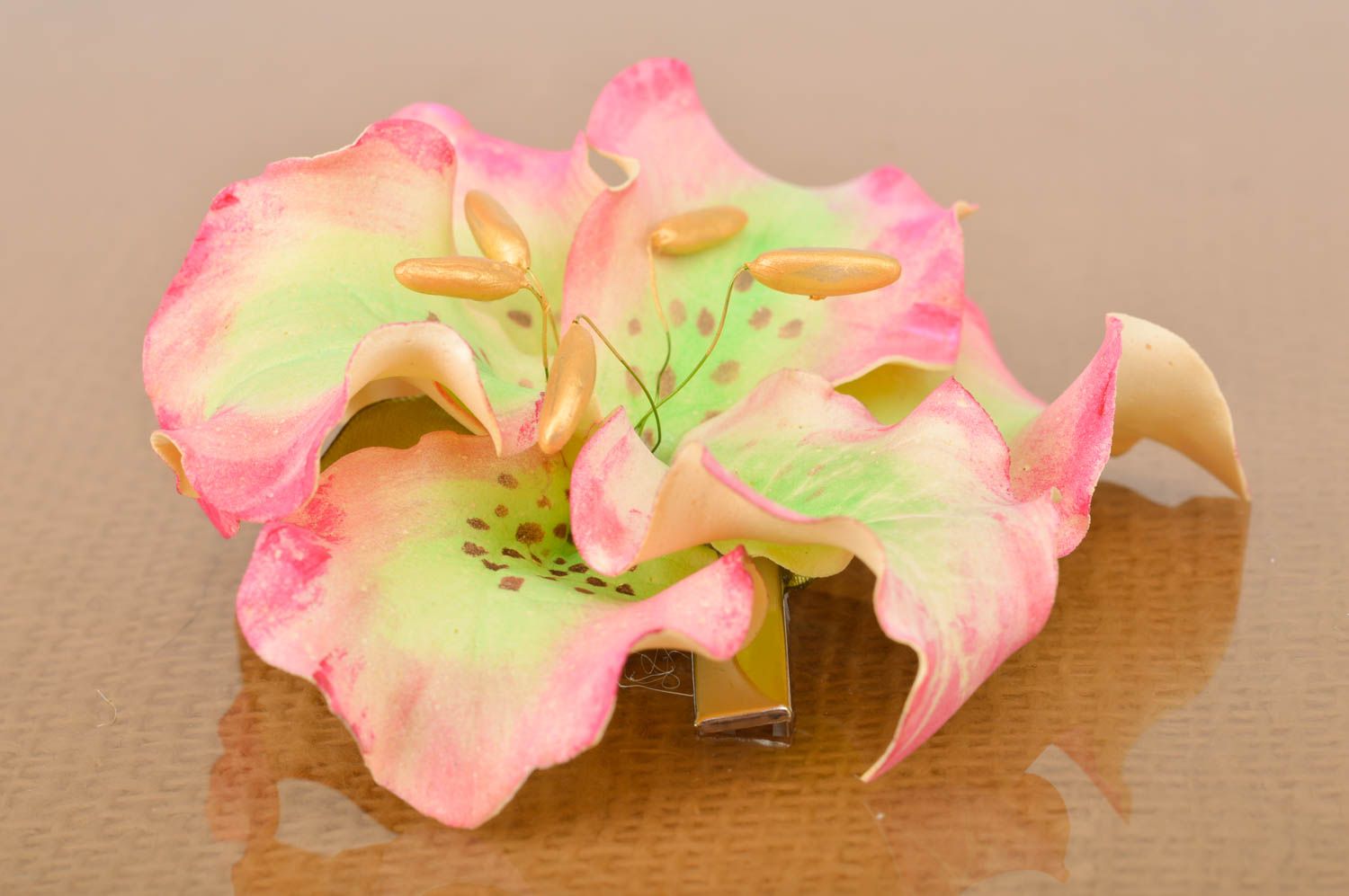 Handmade hair clip brooch with tender volume foamiran pink flower Tiger Lily photo 2