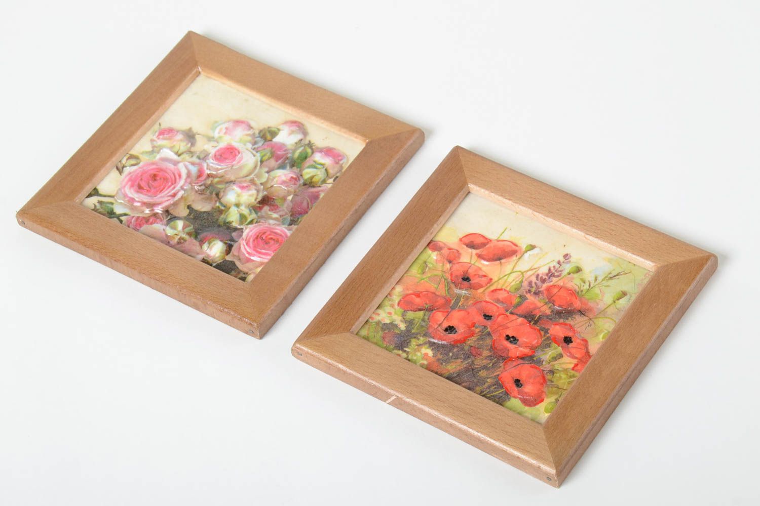 Petits Tableaux carrés faits main avec fleurs 2 pièces Décoration maison photo 2