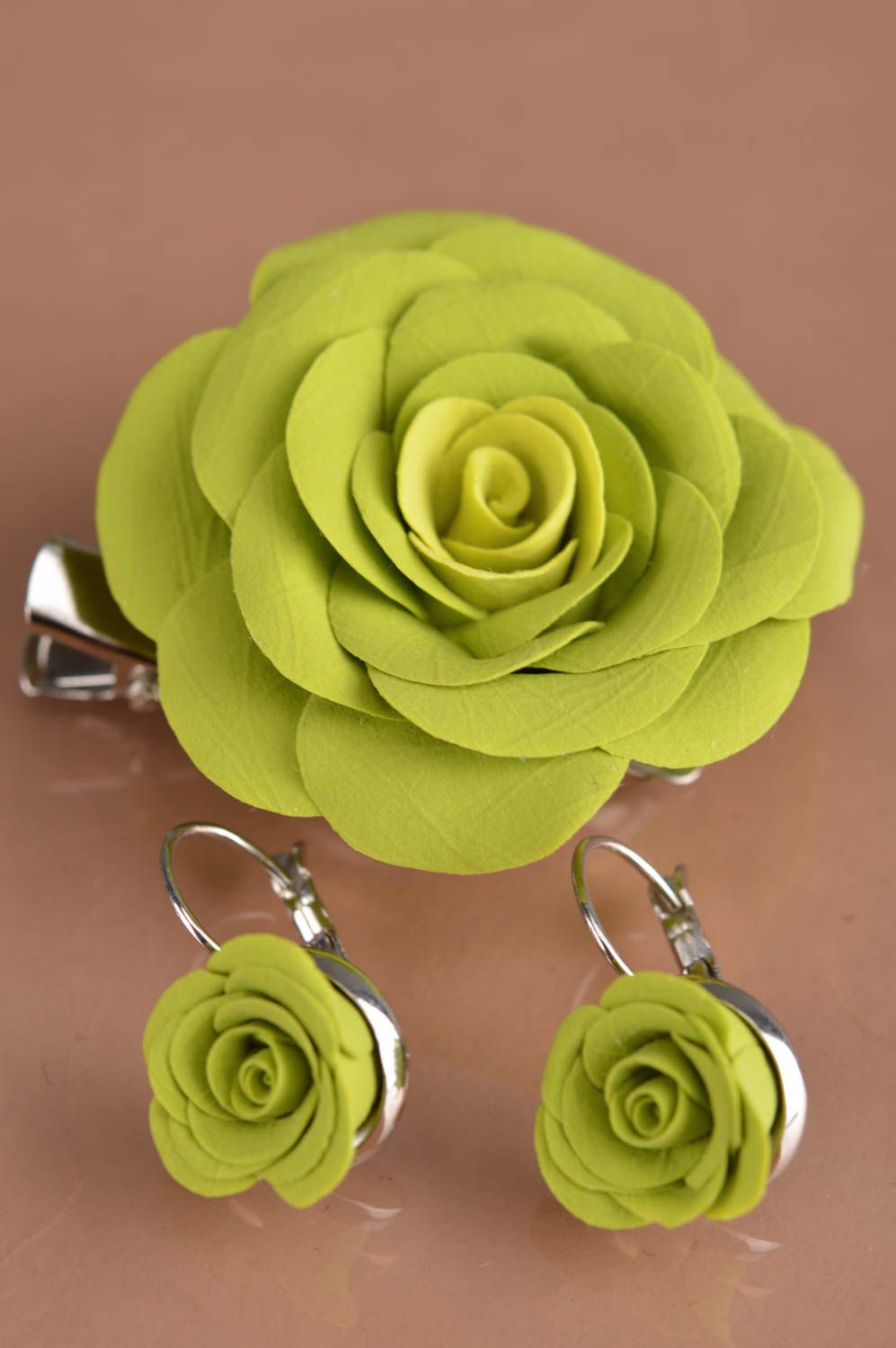 Handmade designer jewelry set polymer clay flower brooch and earrings Lime photo 5