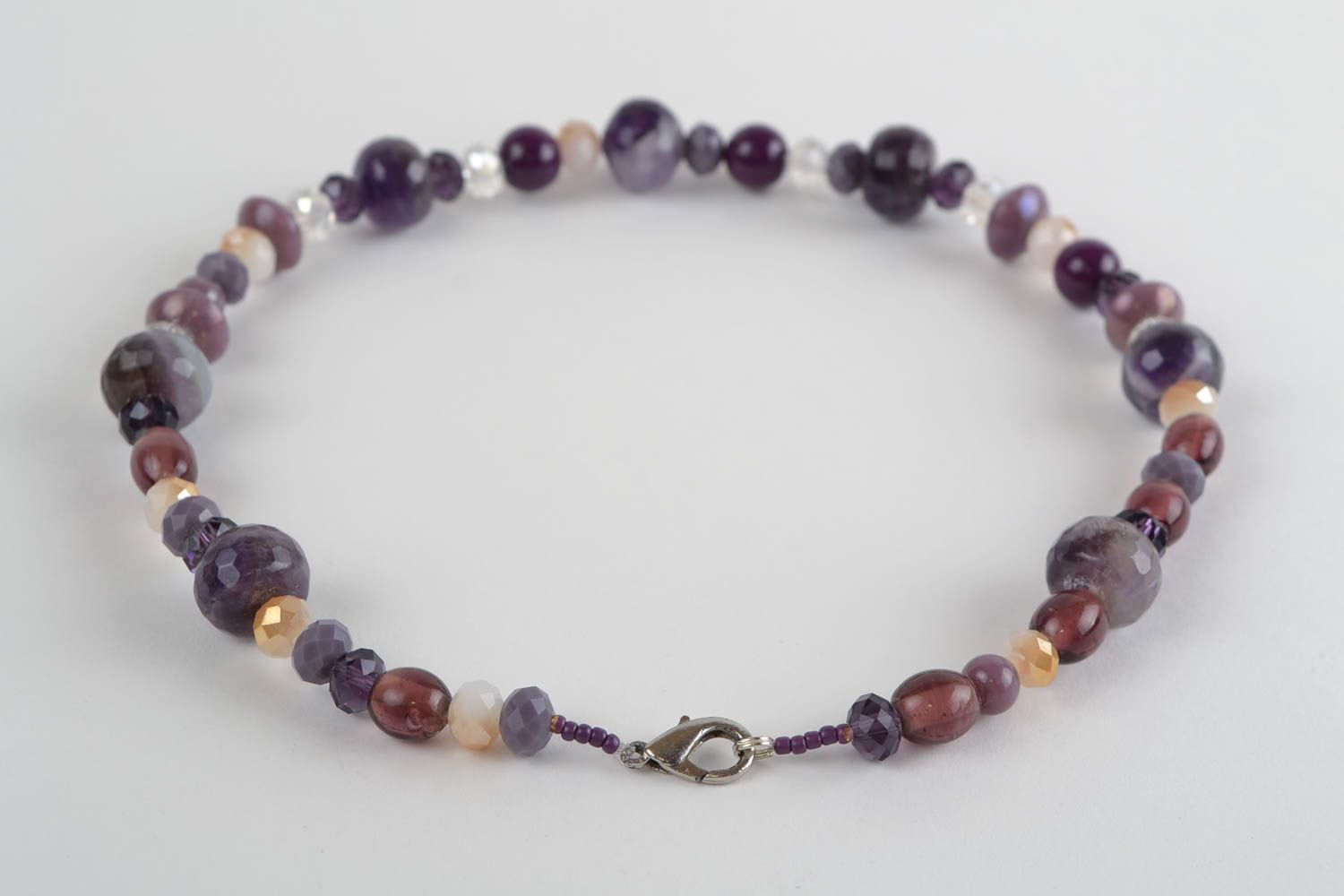 Handmade designer agate crystal and glass beaded necklace in violet color shades photo 4