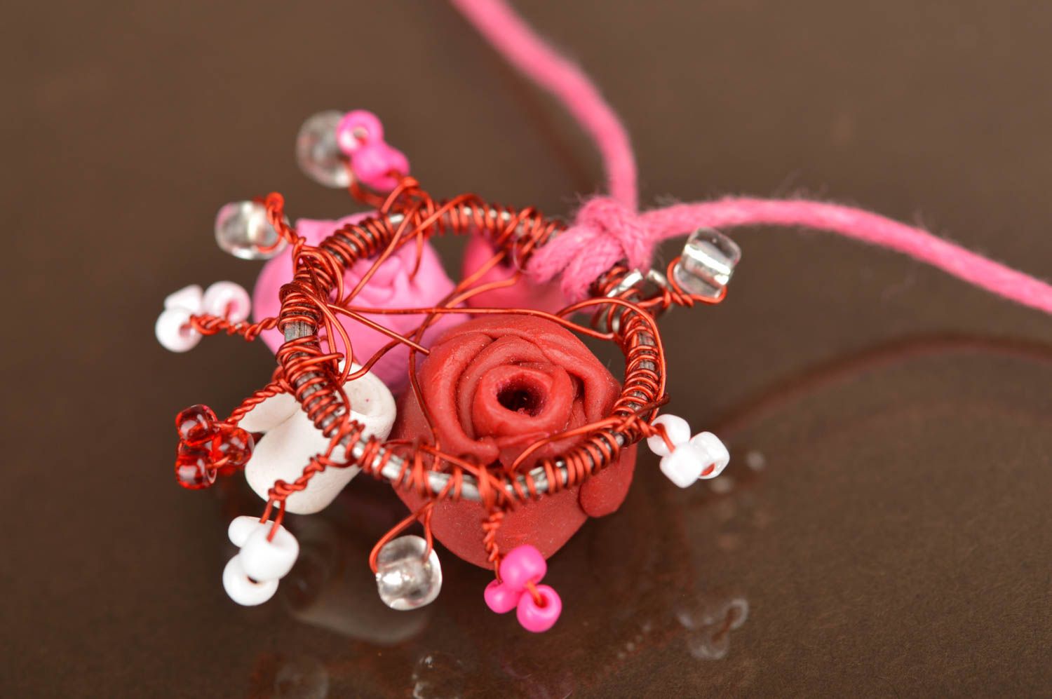 Handmade elegant flower pendant made of polymer clay in pink color photo 4