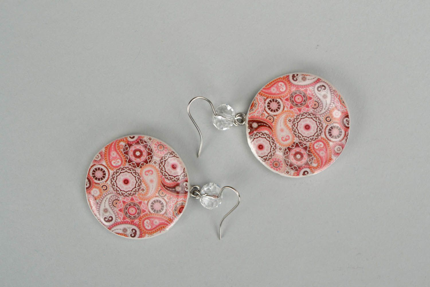 Pink polymer clay earrings Paisley photo 2