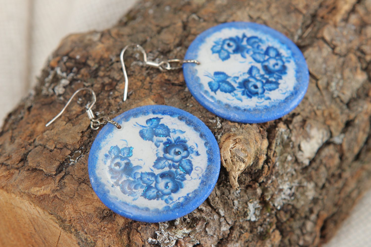 Handmade polymer clay dangle earrings with print coated with epoxy resin  photo 4