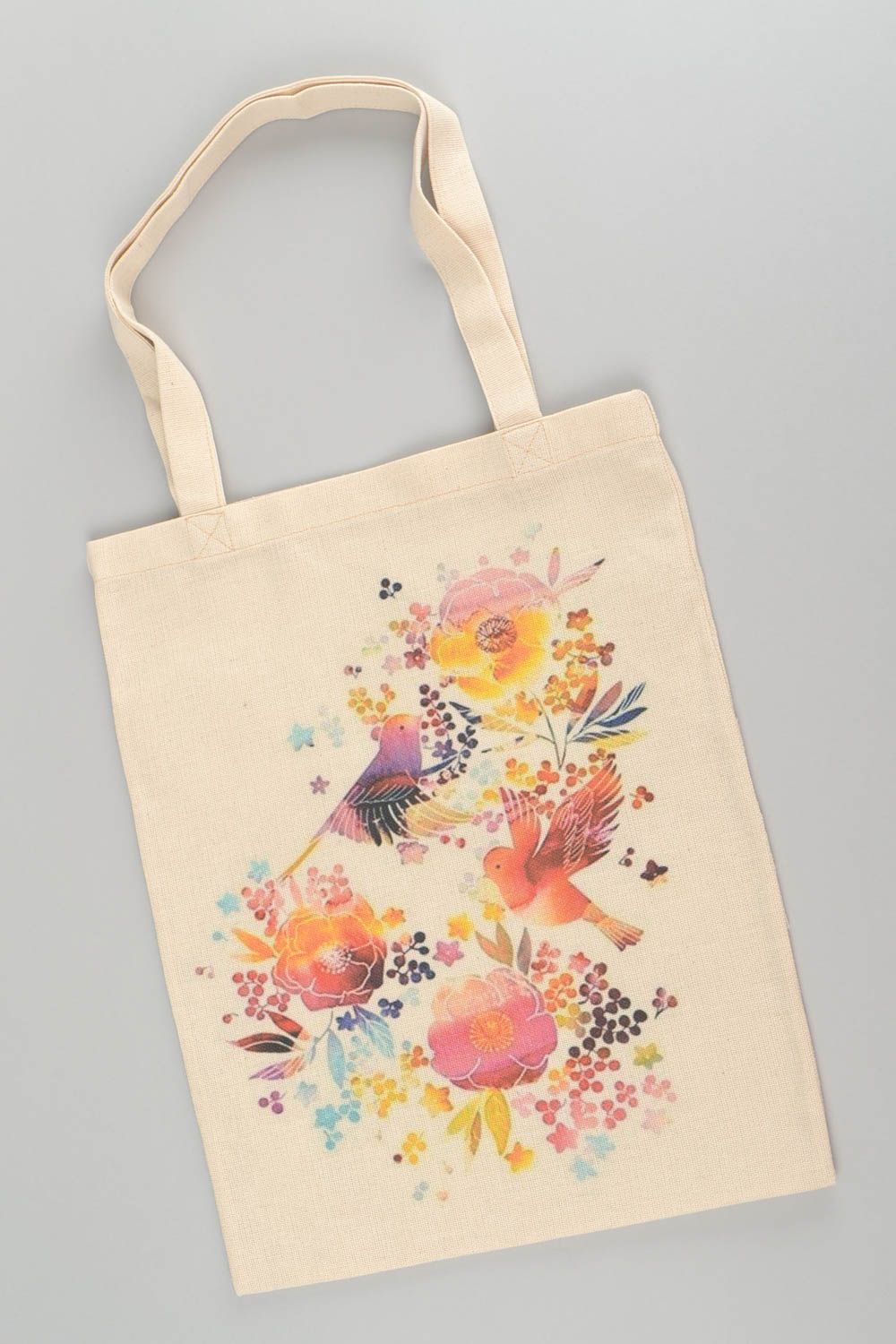 Light beautiful female handmade bag with long handles and birds print photo 2