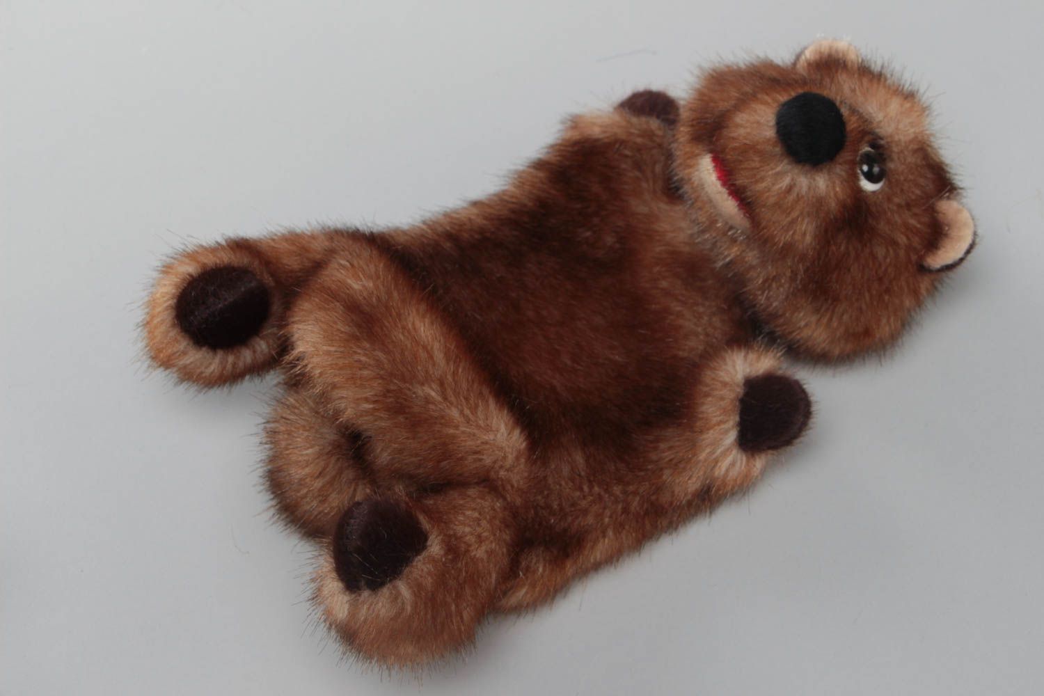 Handmade soft glove toy sewn of brown faux fur bear cub for puppet theater photo 2