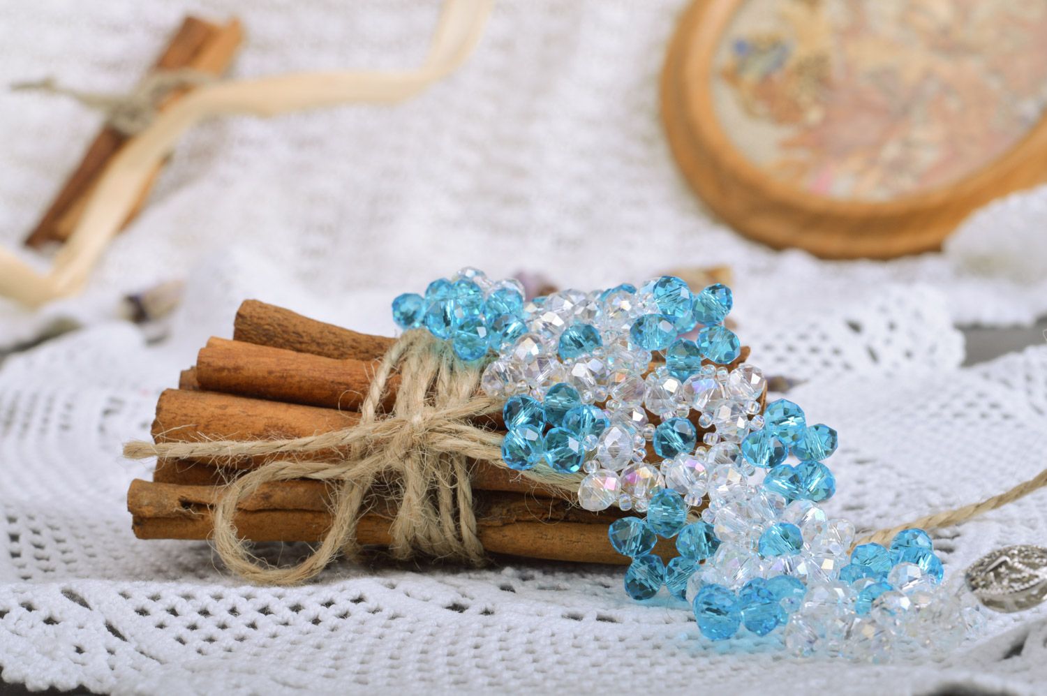 Beautiful handmade women's volume beaded bracelet of gentle white and blue colors photo 1