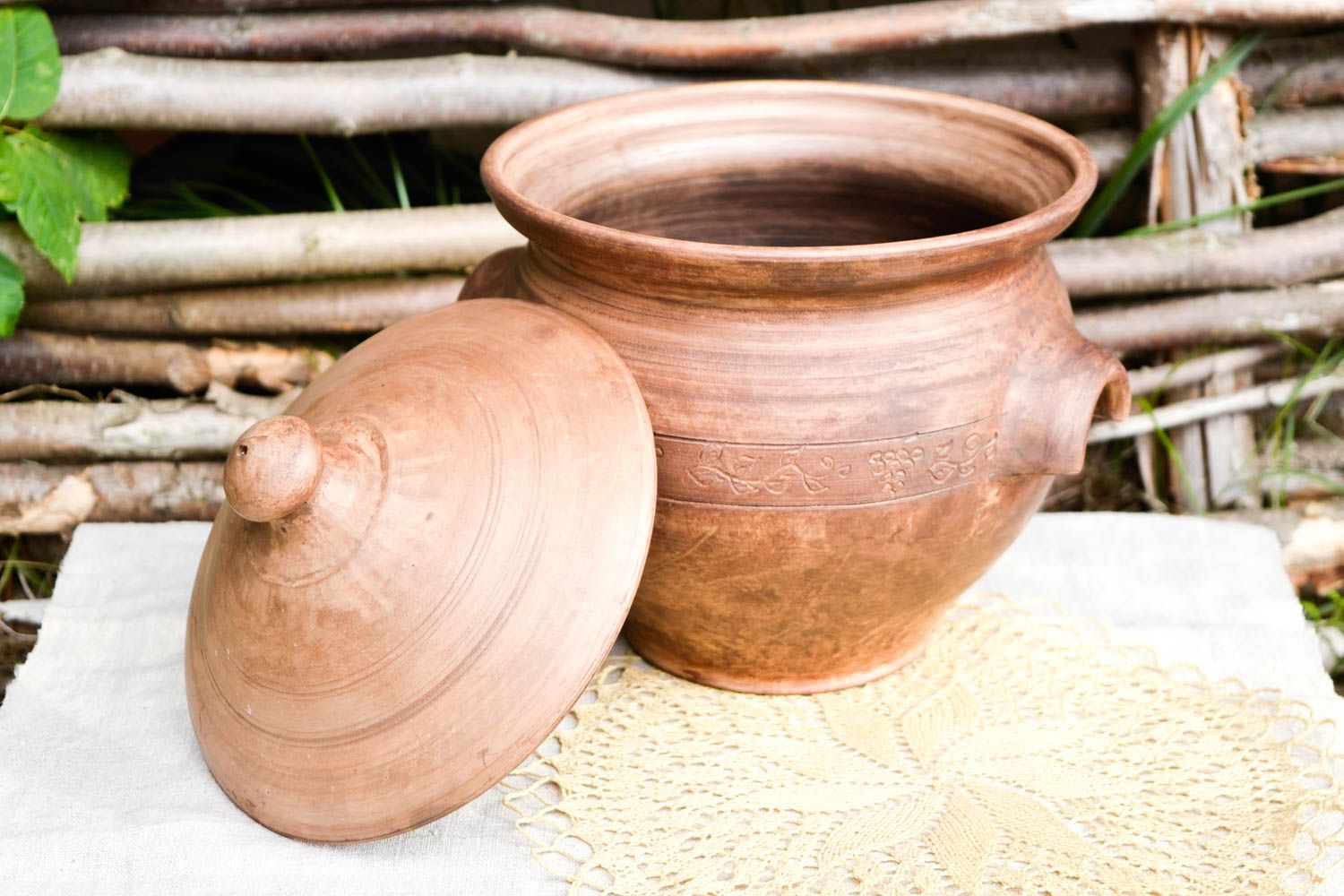 Topf aus Ton handgefertigt Deko für Küche Keramik Geschirr in Braun schön foto 1
