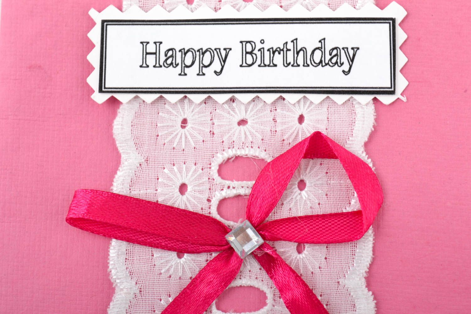 Tarjeta de felicitación regalo original postal hecha a mano rosada con lazo foto 2
