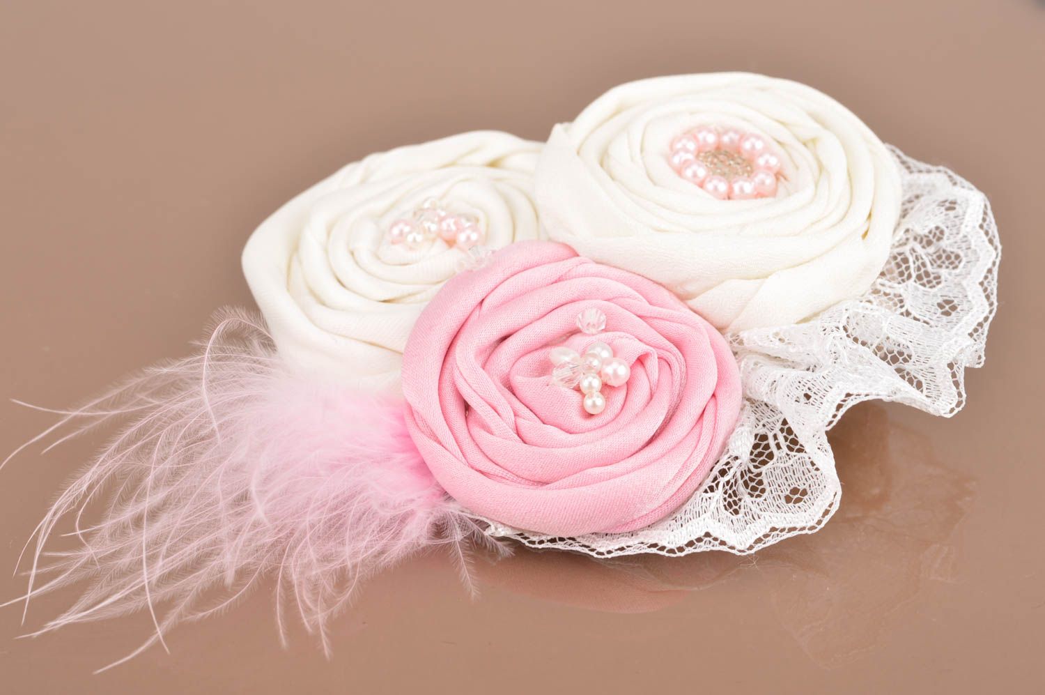 Light hair clip made of fabric with feathers handmade flower designer barrette  photo 5
