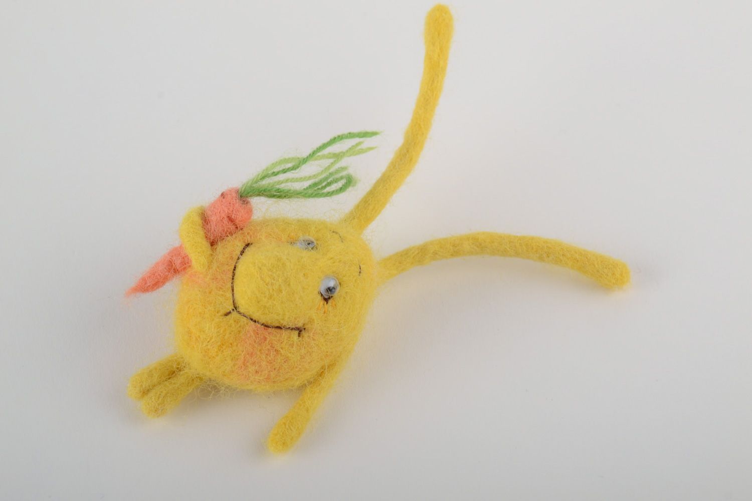 Small handmade brooch felted on natural wool in the shape of cute yellow rabbit photo 2
