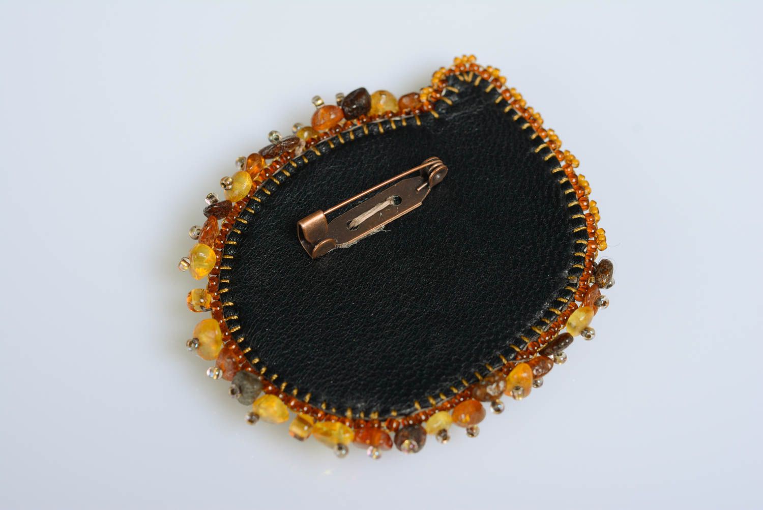 Handmade brown bead embroidered brooch on leather basis with tiger's eye stone photo 2