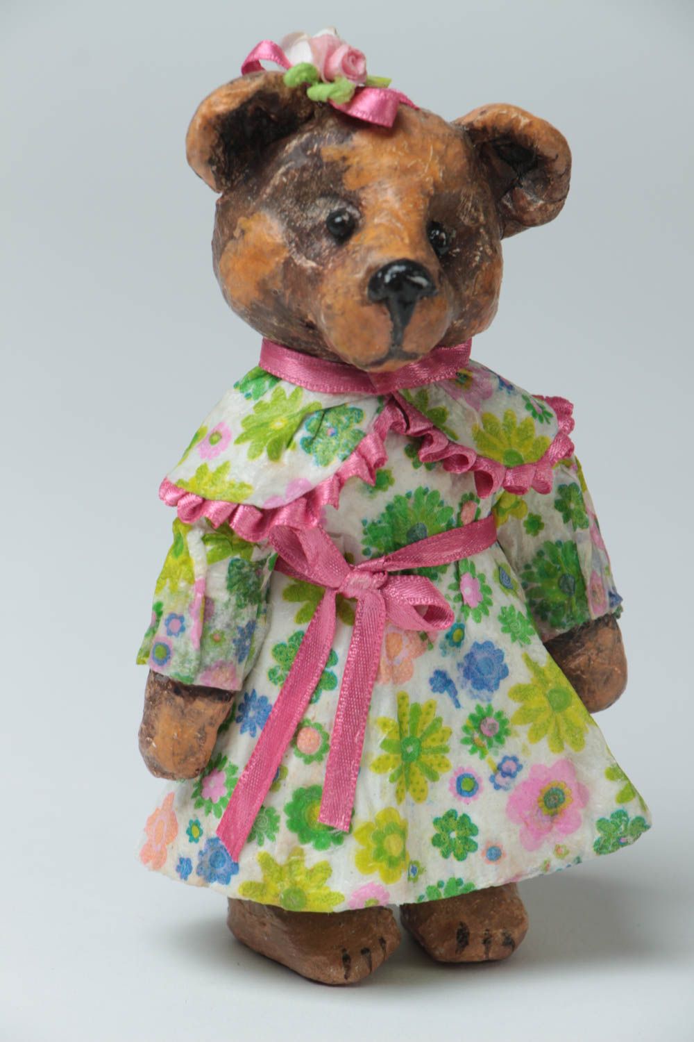 Handmade small painted paper mache figurine of bear girl in floral dress photo 2