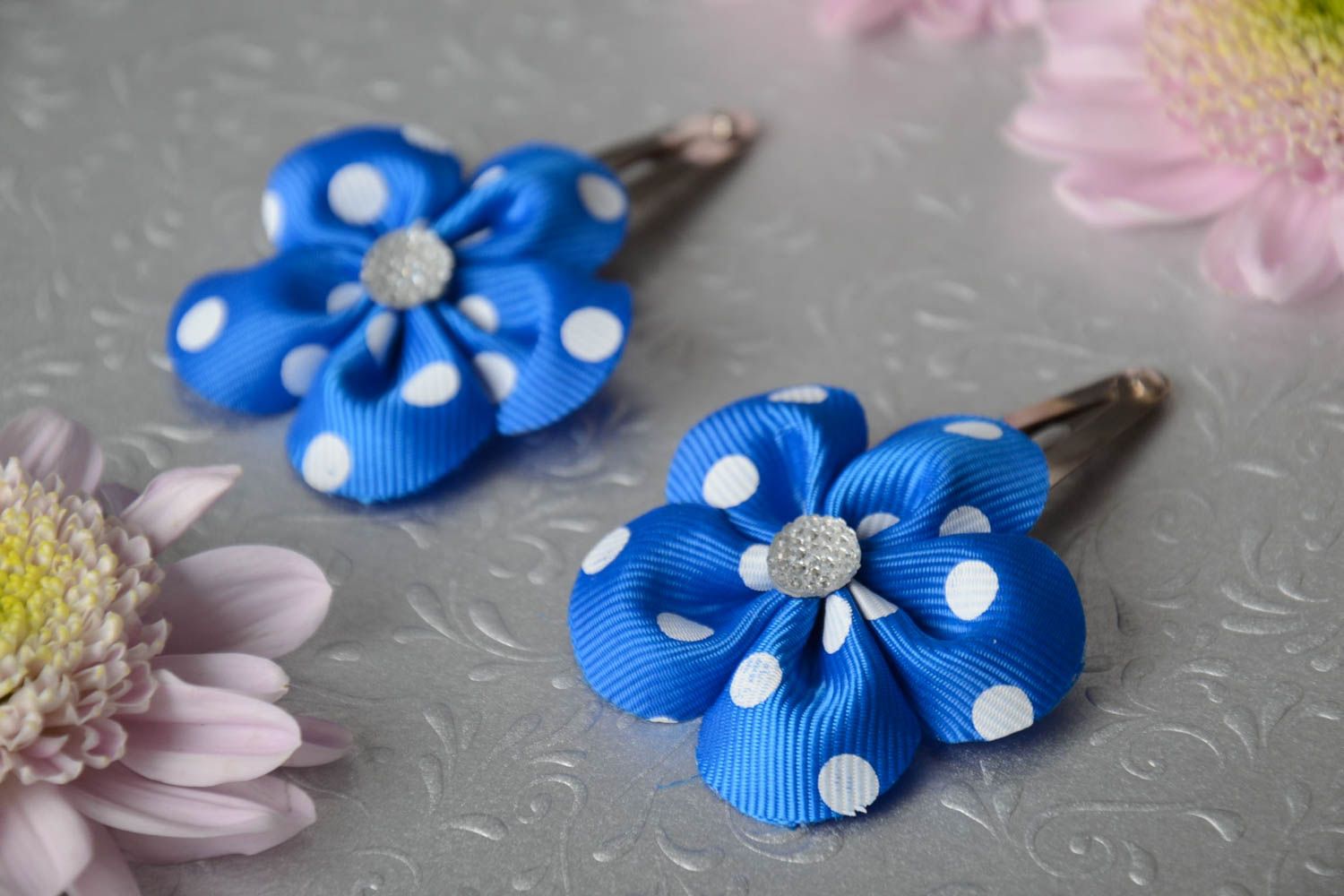 Set of 2 handmade decorative hair clips with blue polka dot ribbon flowers  photo 1