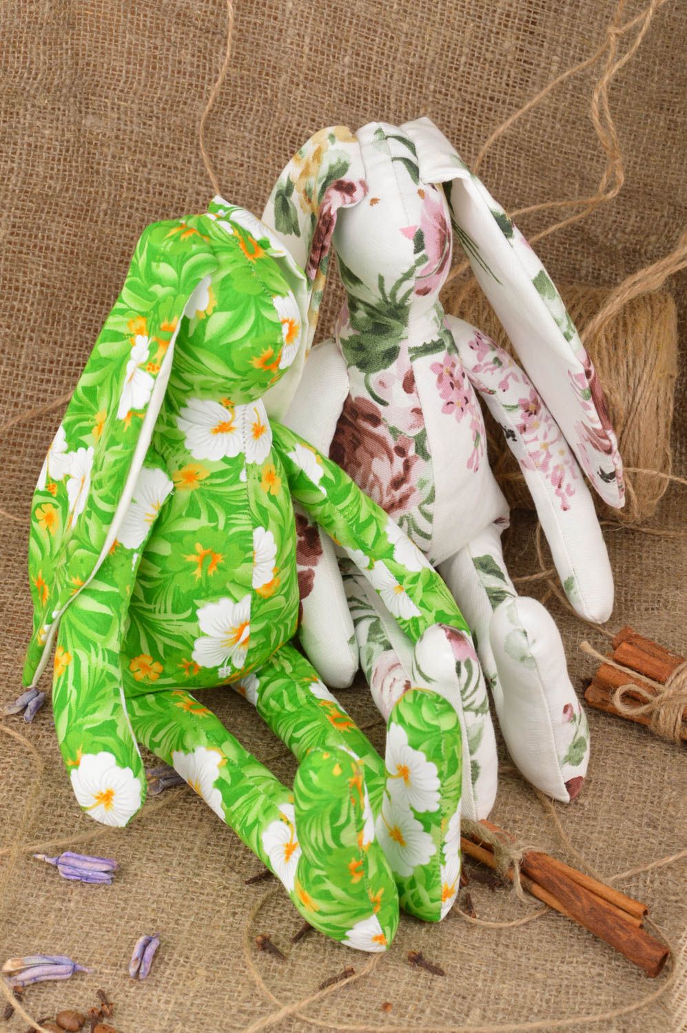Set of 2 handmade children's soft toys sewn of natural fabric Hares home decor photo 1