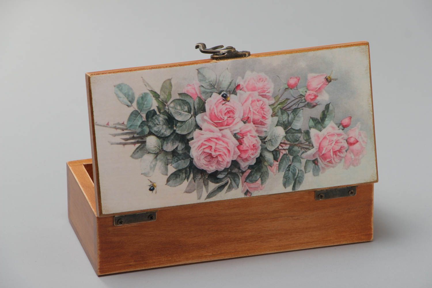 Handmade rectangular wooden jewelry box with floral print on a lid photo 2