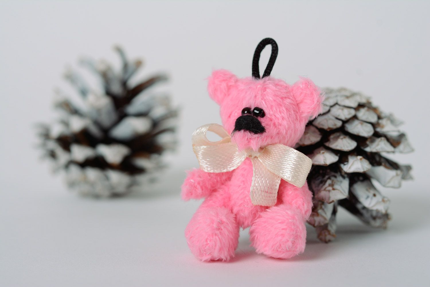 Beautiful handmade pink soft keychain toy in the shape of bear photo 1