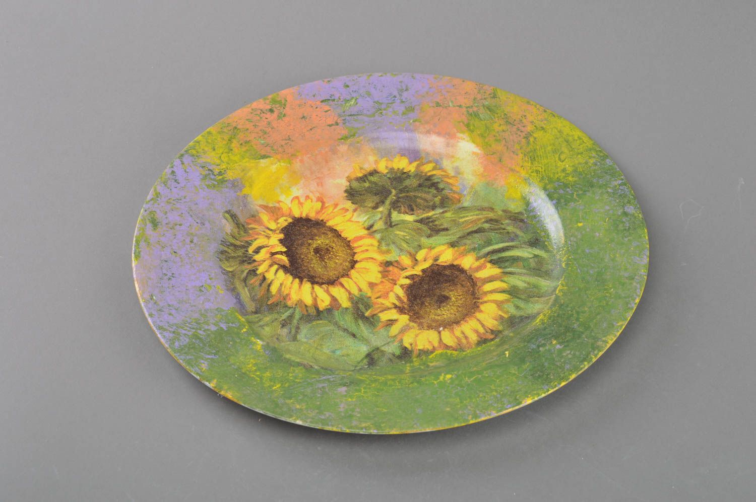 Handmade designer unusual decoupage glass wall hanging plate for decor Sunflower photo 1