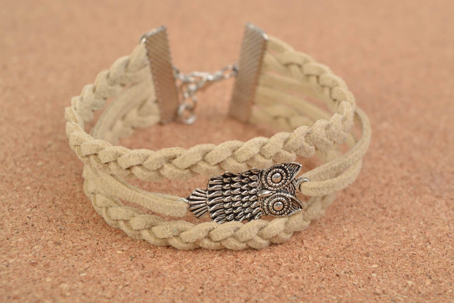 Handmade designer suede cord bracelet with owl charm beige accessory photo 1