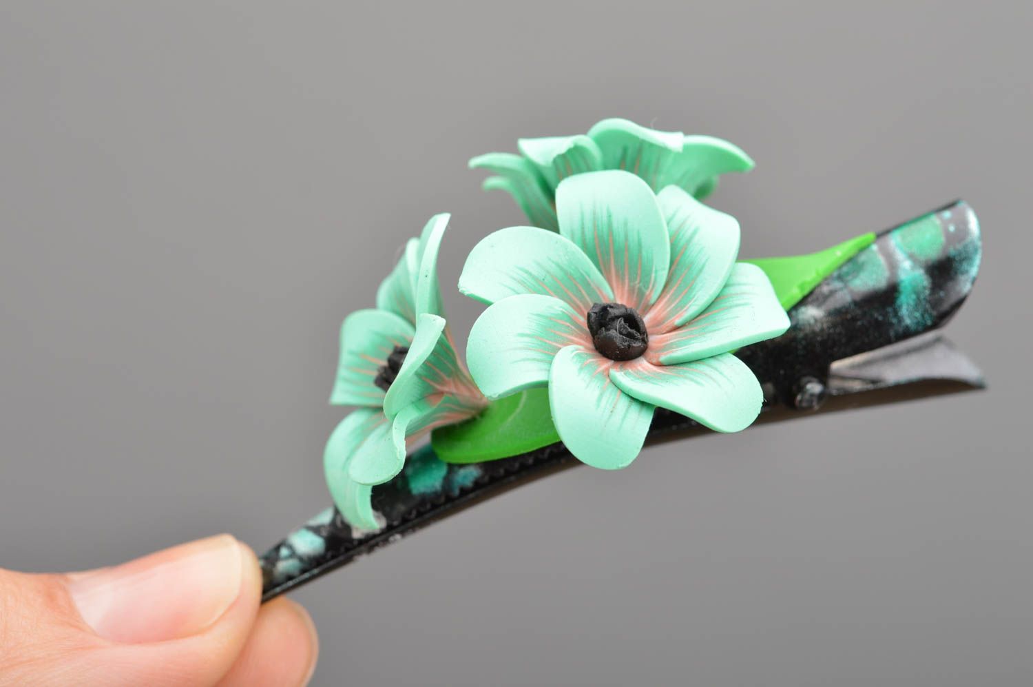 Handmade designer polymer clay hair clip with volume flowers of mint color photo 2