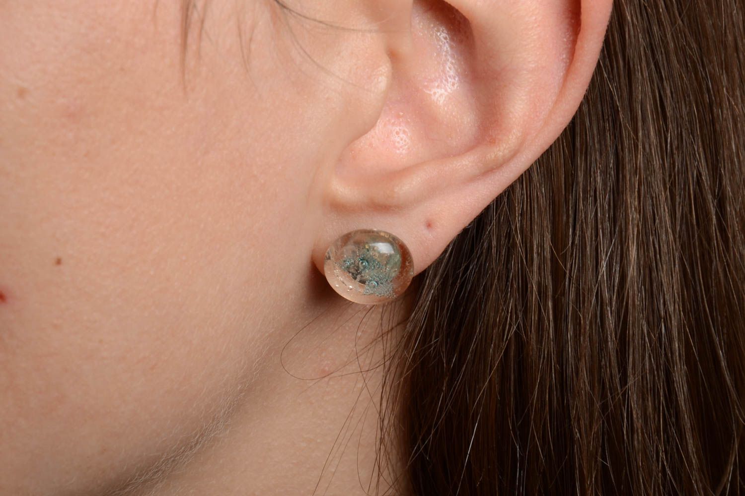 Gentle small handmade round fused glass stud earrings designer women's jewelry photo 2