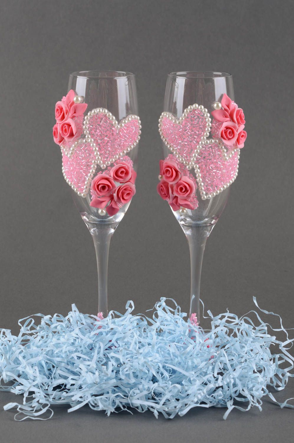 Flûtes à champagne fait main Vaisselle déco en verre cœurs roses Cadeau original photo 1
