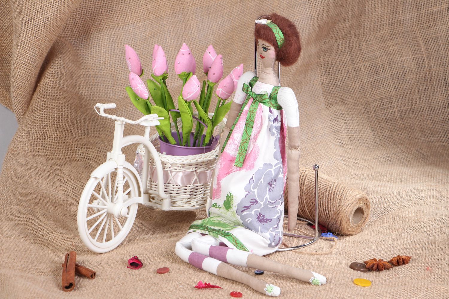 Handmade fabric doll on stand with flowers photo 5