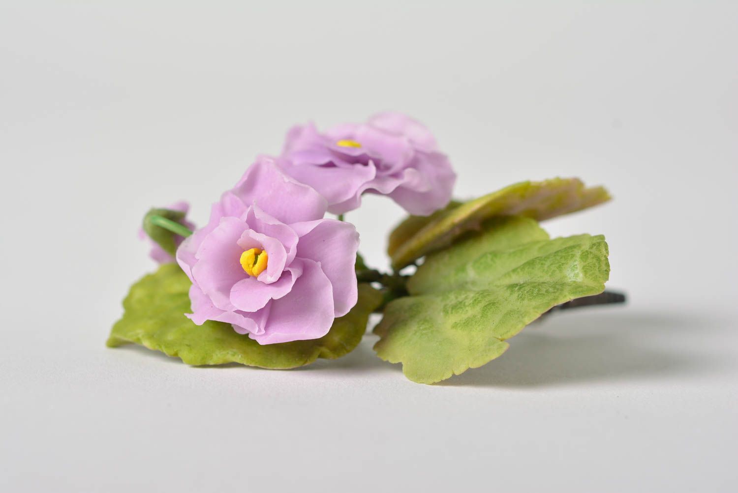 Handmade designer tender brooch with light violet Japanese polymer clay flowers photo 4