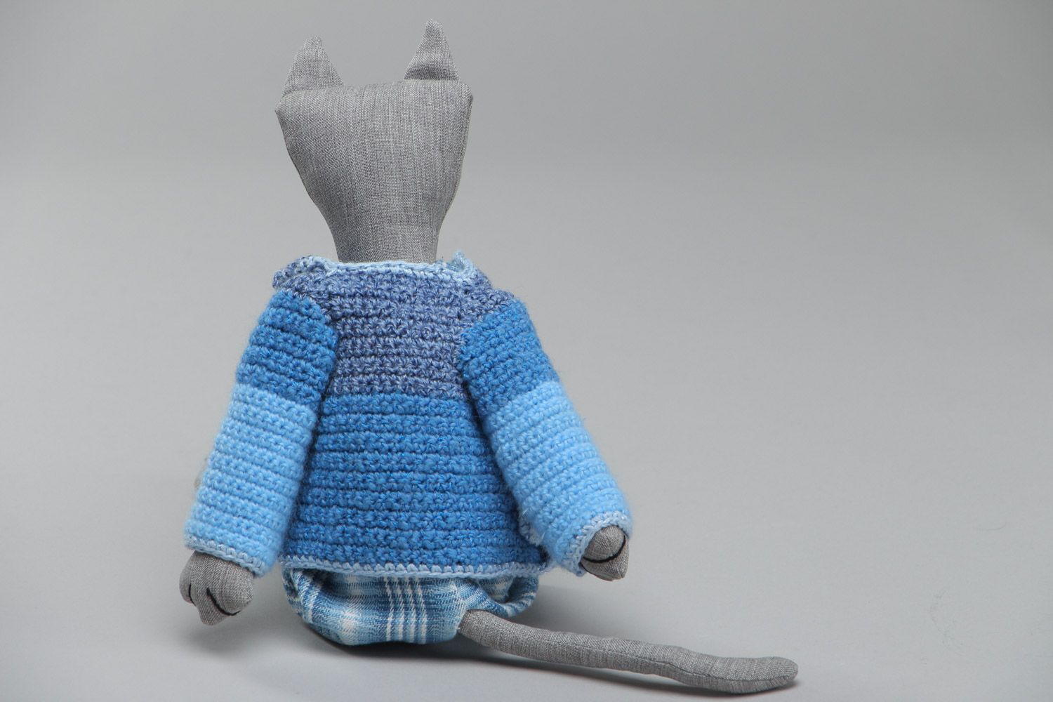 Handmade soft toy sewn of cotton cute gray cat in crocheted blue jacket photo 4