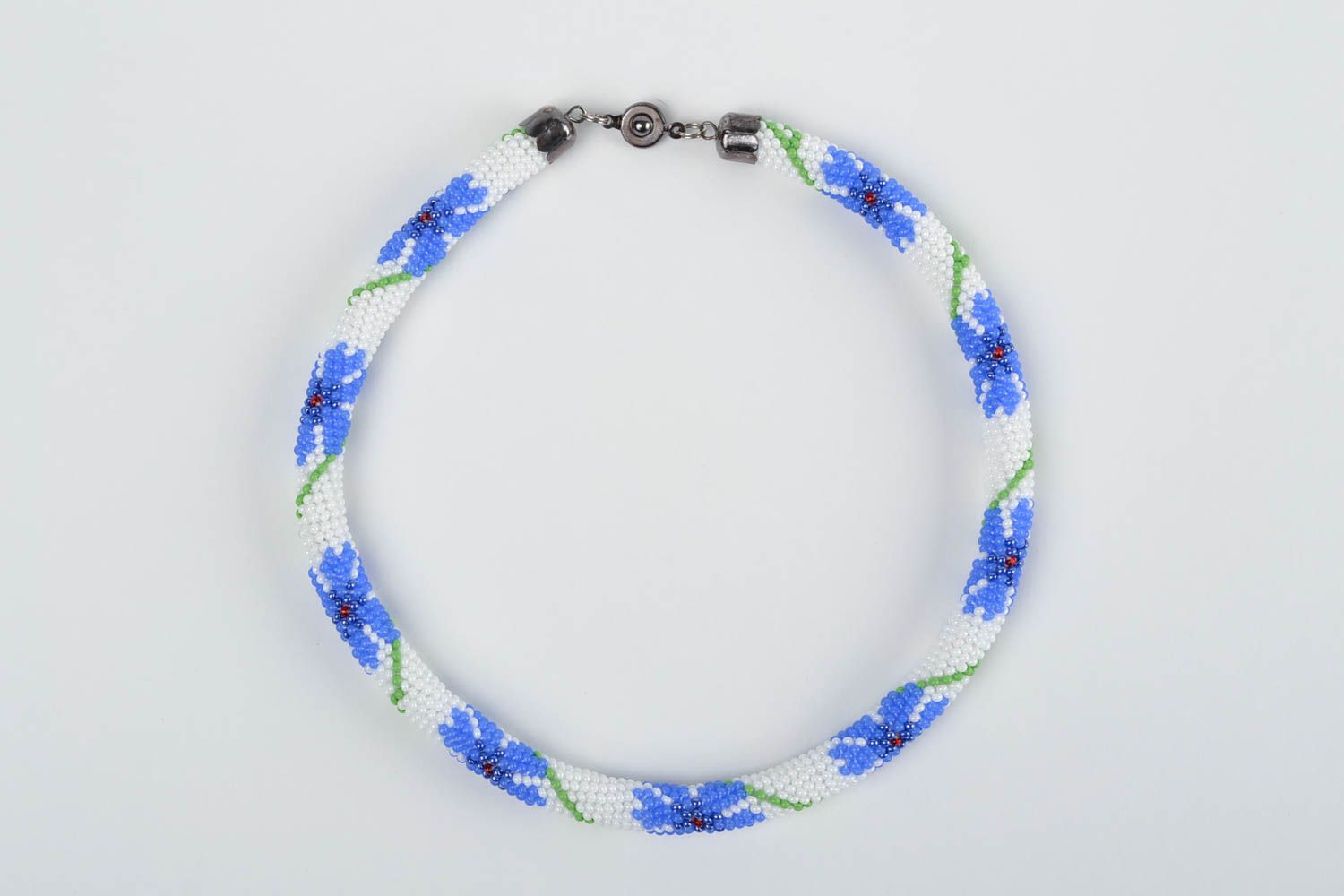 Beautiful handmade designer woven beaded cord necklace white with cornflowers photo 2