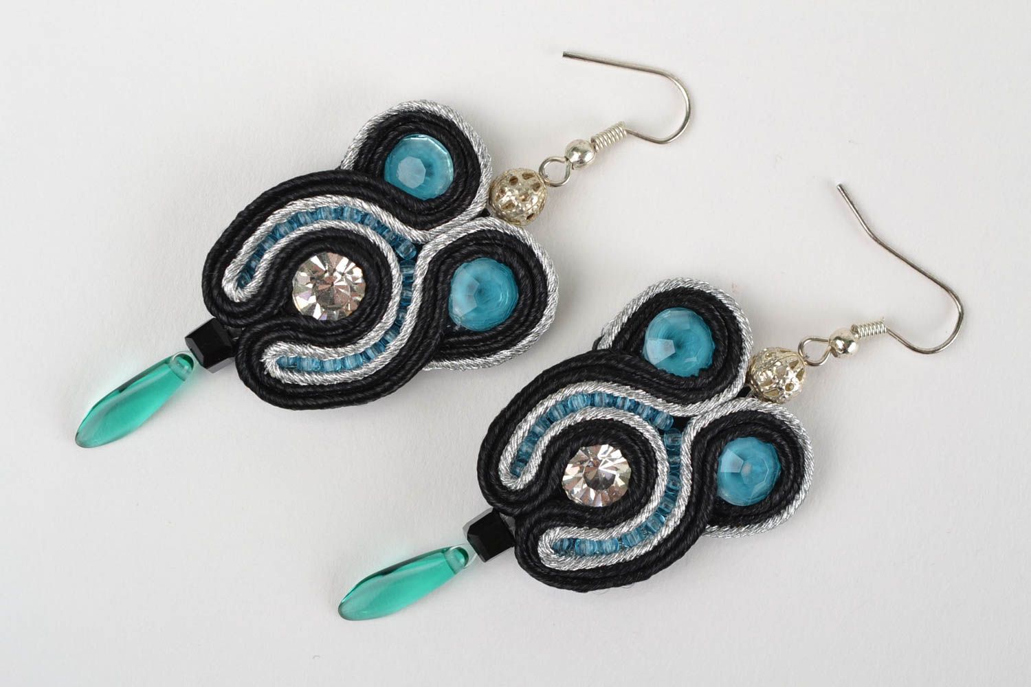 Unusual beautiful handmade designer soutache earrings with Czech crystal beads photo 3