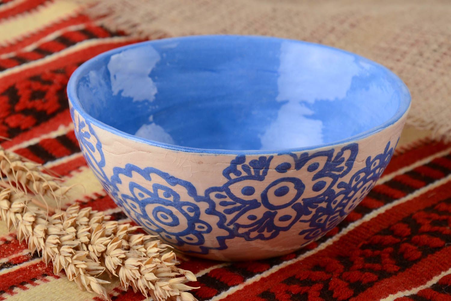 Handmade ceramic bowl painted with blue glaze 500 ml clay kitchen decor photo 1