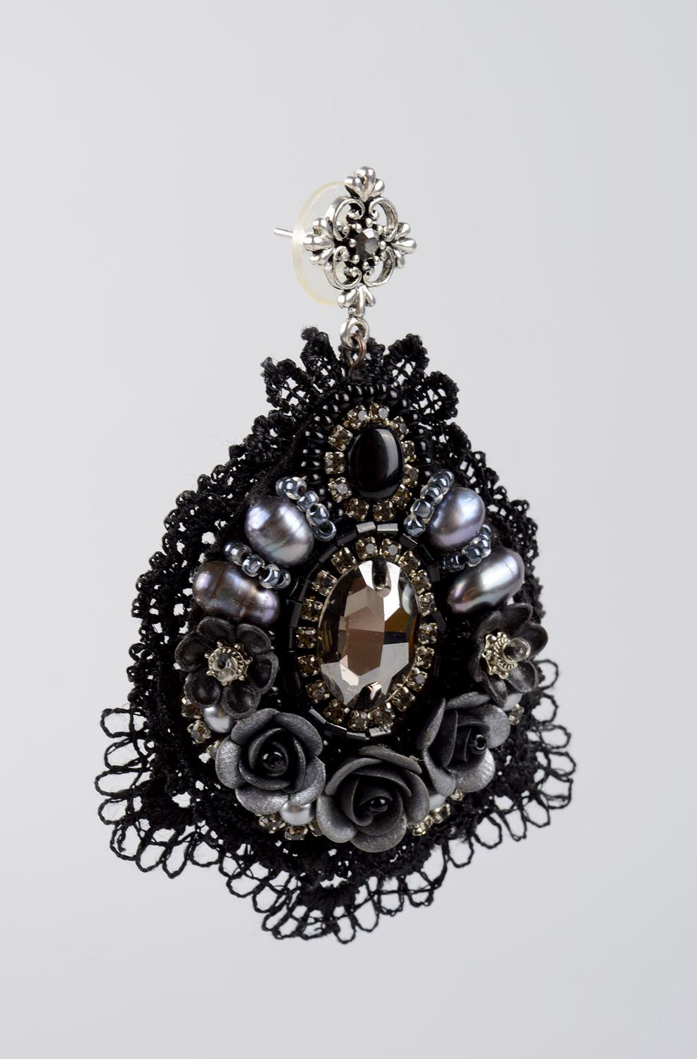 Handmade black earrings evening earrings with glass beads stylish accessory photo 2