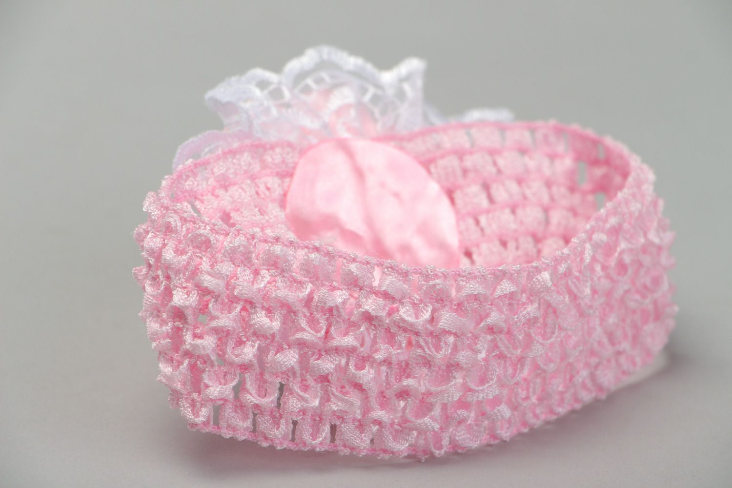 Stylish handmade babies headband with satin ribbons and lace in pink color palette photo 3