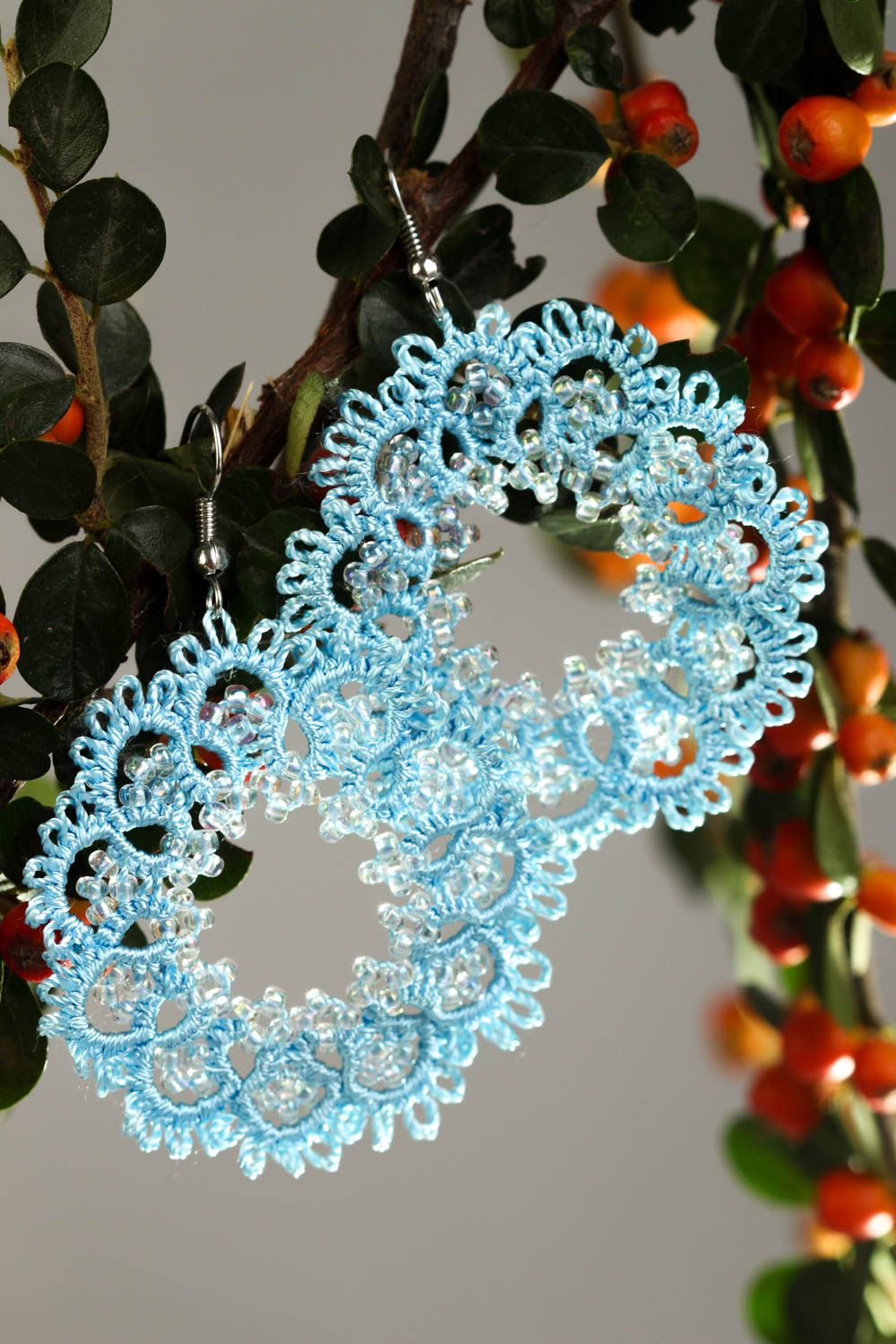 Blue handmade tatting earrings woven earrings ideas textile jewelry designs photo 1