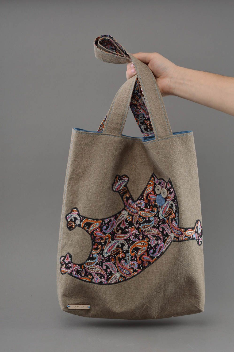 Gros sac à main en tissu fait main avec doublure et applique chat joyeux photo 4