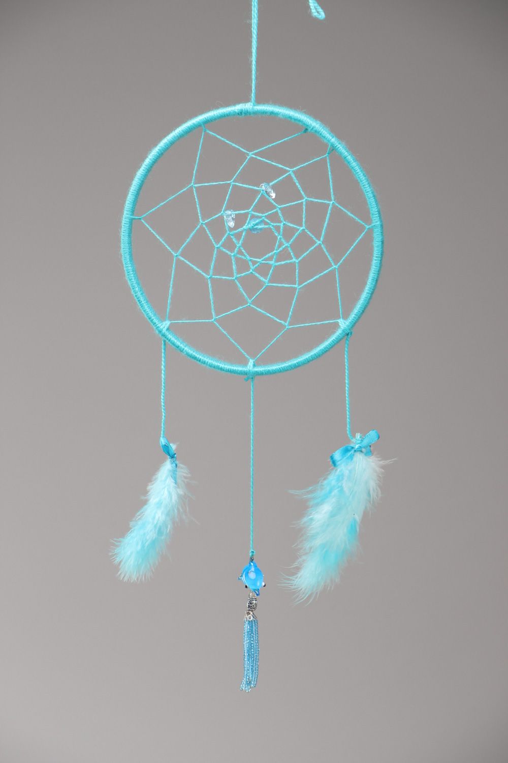 Blue handmade amulet dreamcatcher wall hanging with feathers and dolphin  photo 2